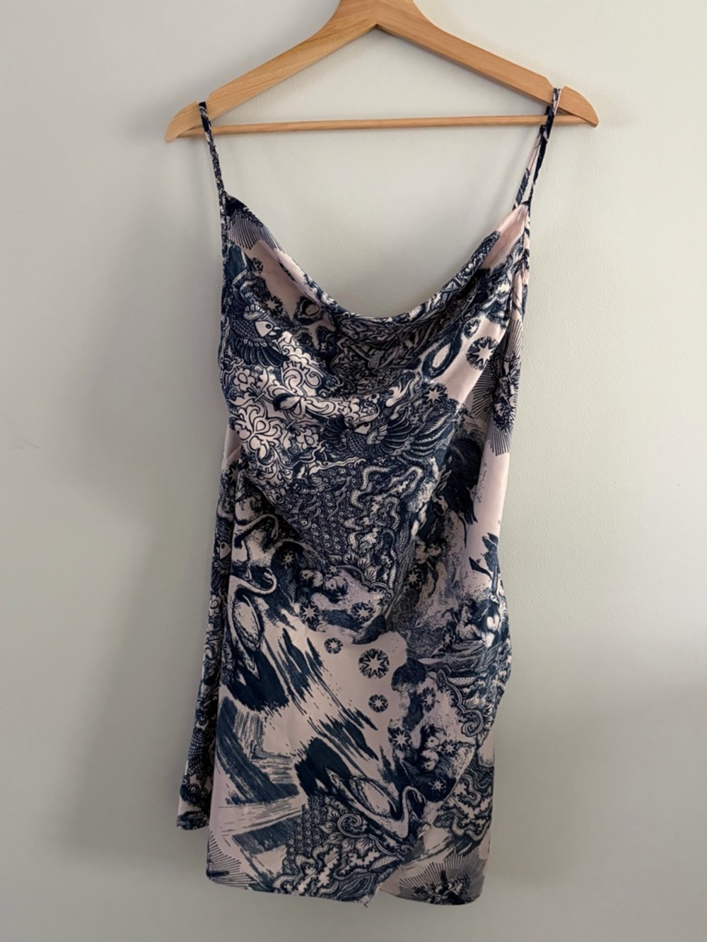 Topshop Pink and Navy Printed Satin Cowl Slip Dress